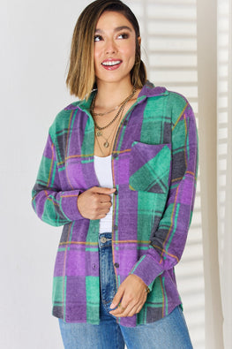 Zenana Plaid Button Up Long Sleeve Shacket - TopFashionHQ