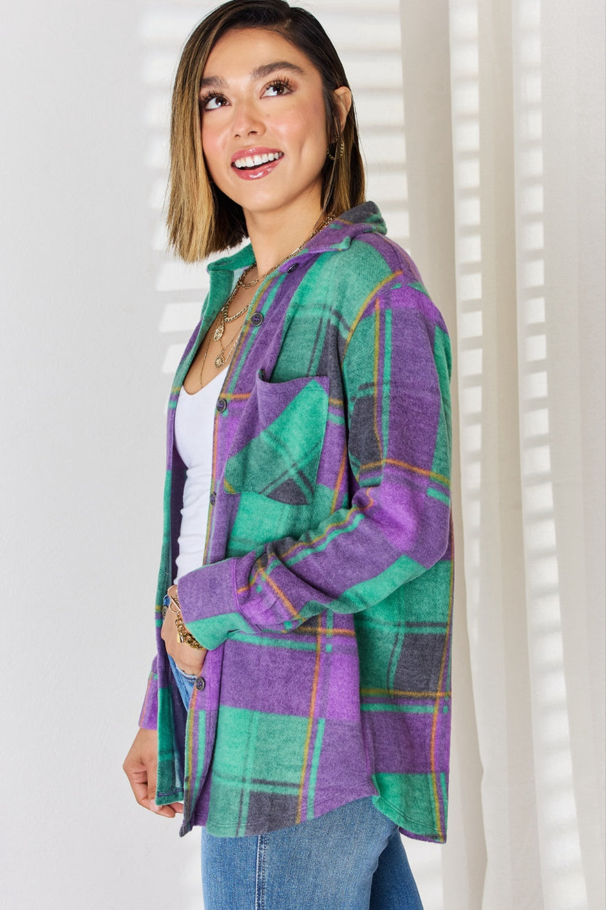 Zenana Plaid Button Up Long Sleeve Shacket - TopFashionHQ