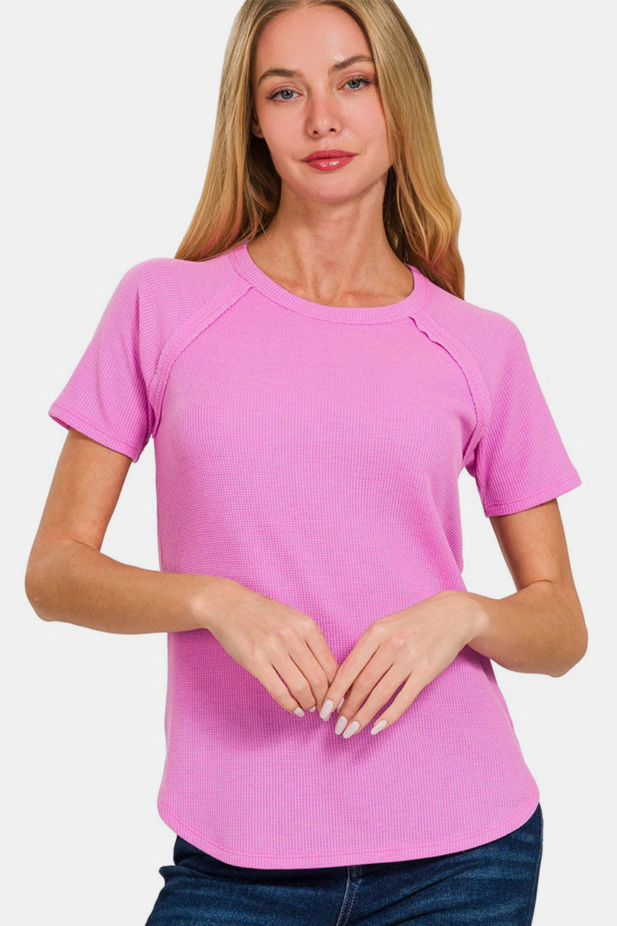 Zenana Round Neck Short Sleeve Waffle T-Shirt - TopFashionHQ