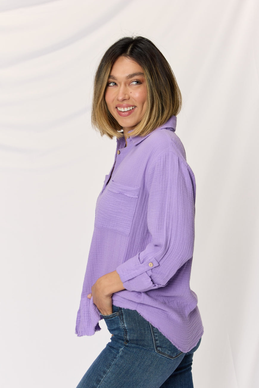 Zenana Texture Button Up Raw Hem Long Sleeve Shirt - TopFashionHQ