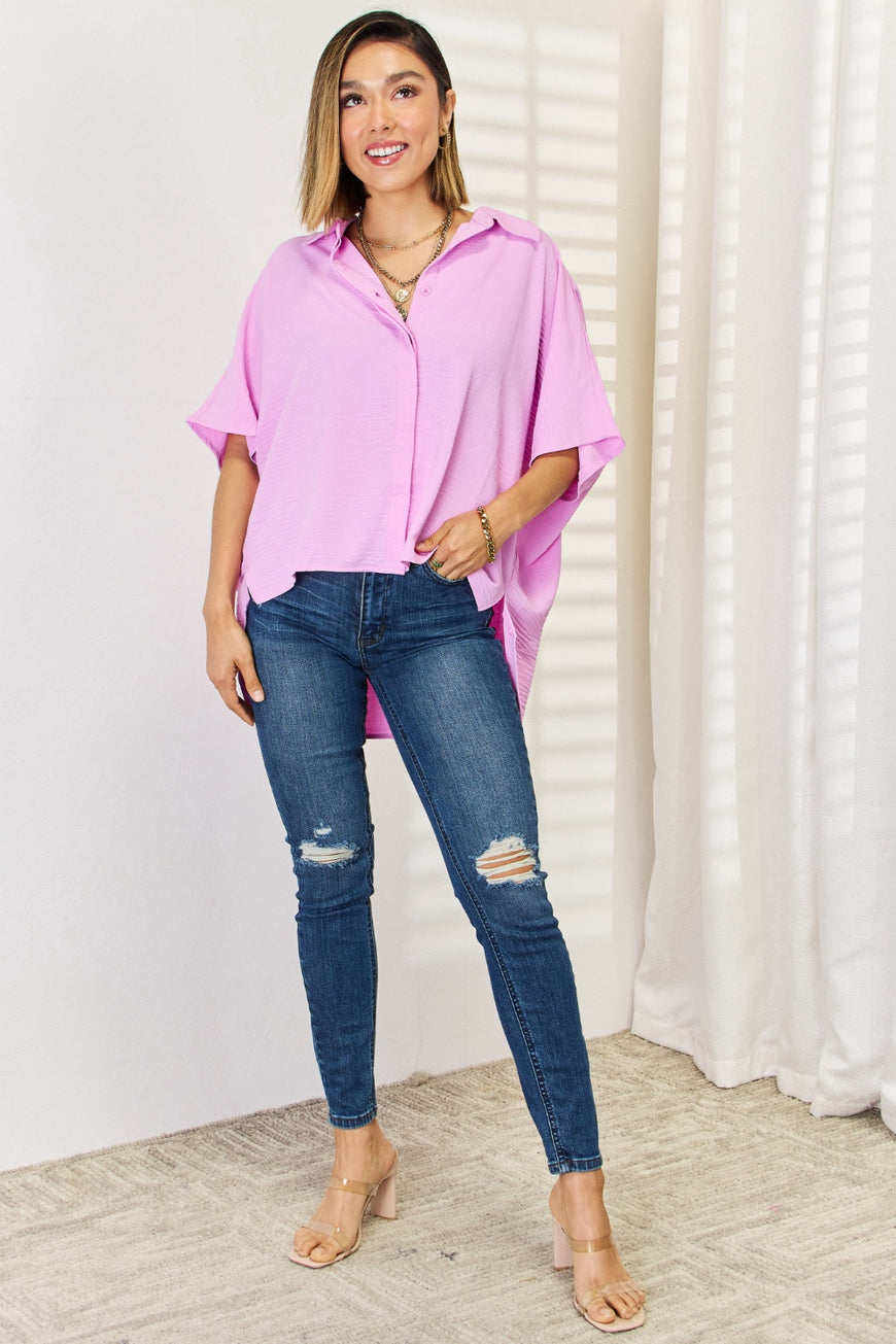 Zenana Texture Button Up Short Sleeve High-Low Shirt - TopFashionHQ