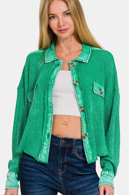 Zenana Waffle-Knit Button Up Dropped Shoulder Jacket - TopFashionHQ