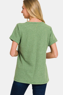 Zenana Waffle Notched Short Sleeve T-Shirt - TopFashionHQ