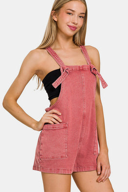 Zenana Washed Knot Strap Rompers - TopFashionHQ