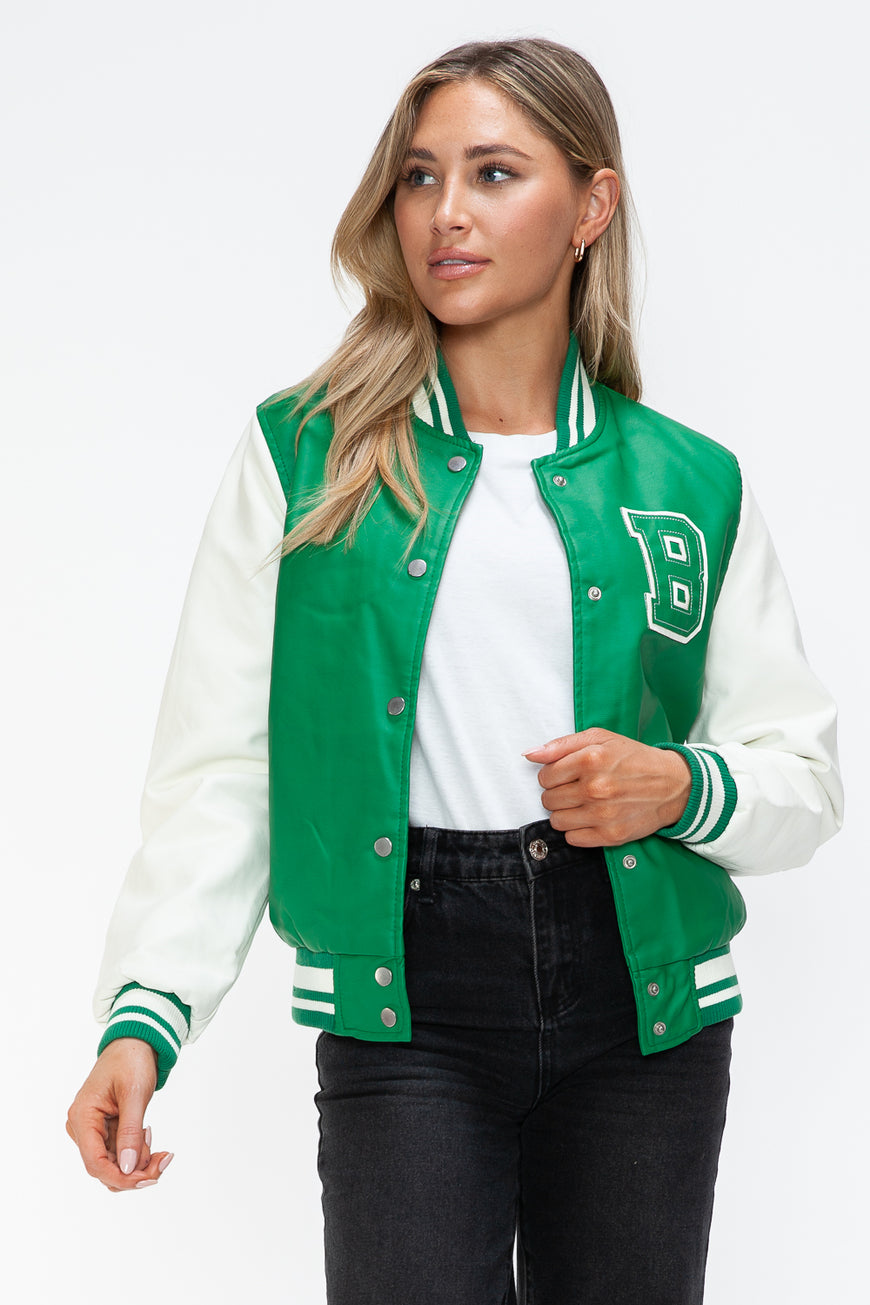 Love Me Now PU Leather Contrast Snap Down Bomber Jacket - TopFashionHQ