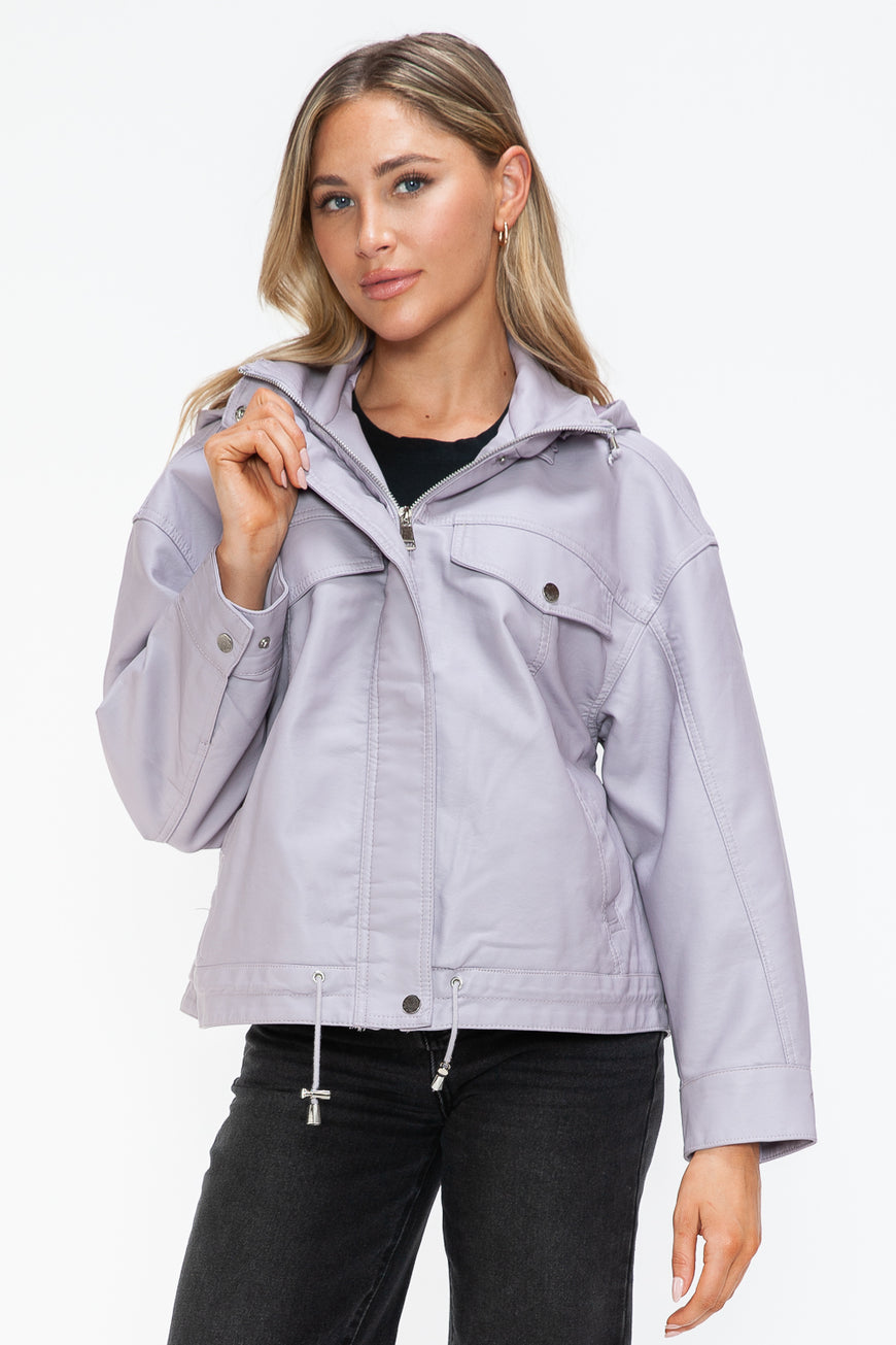 How Dare U Drawstring Hem PU Leather Zip Up Jacket - TopFashionHQ