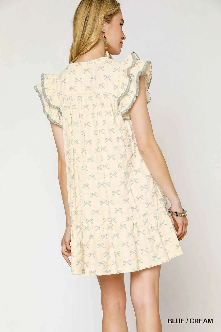 Umgee Bow Print Ruffled Cap Sleeve Mini Dress