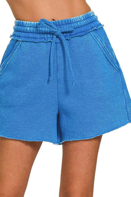 Zenana Acid Wash Fleece Drawstring Shorts With Pockets