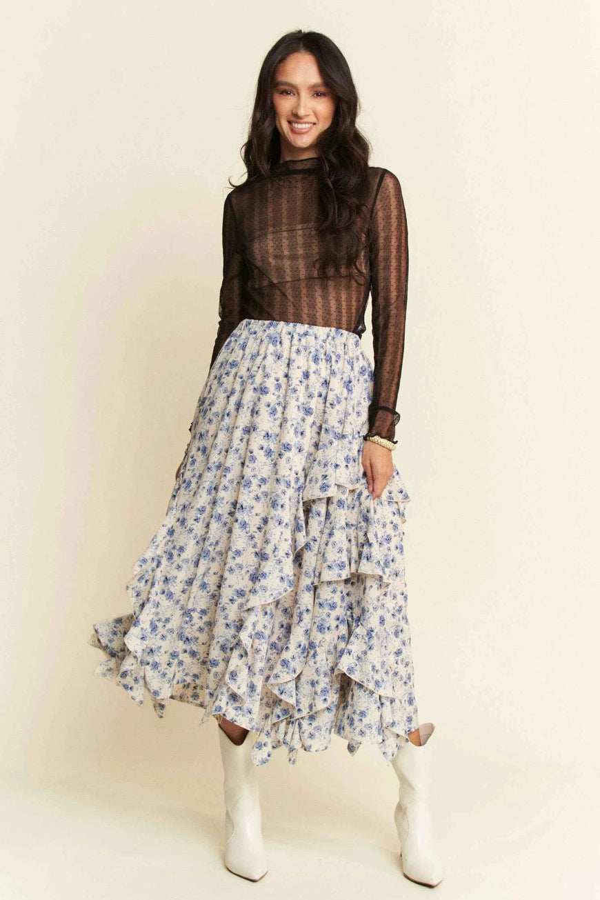 Davi & Dani Turtle Neck Lace Dotted Stretch Mesh Sheer Top