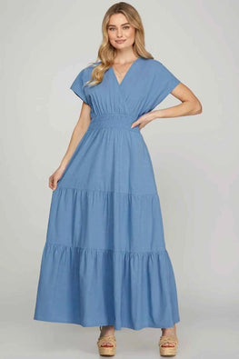 She + Sky Surplice Short Sleeve Tiered Maxi Dress With Pockets