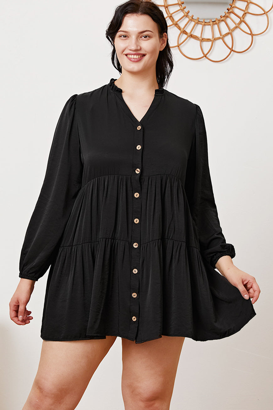 Ruffled Button Up Long Sleeve Tiered Shirt - TopFashionHQ