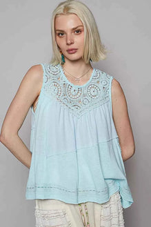 POL Round Neck Sleeveless Top with Crochet Contrast