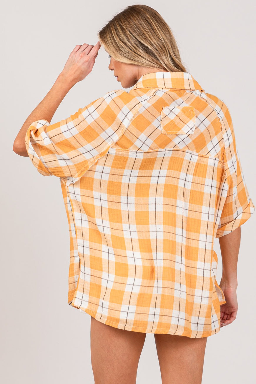 SAGE + FIG Plaid Button Up Side Slit Shirt - TopFashionHQ