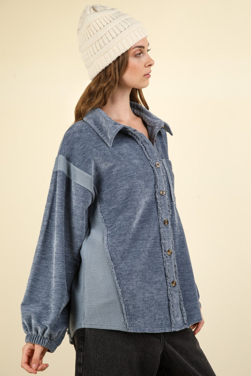 VERY J Mixed Media Button Down Raw Hem Shacket - TopFashionHQ