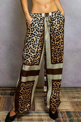 POL Leopard Printed Woven Wide Leg Drawstring Pants