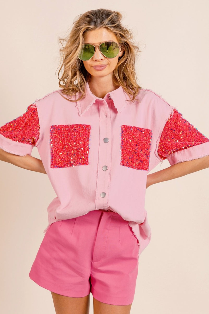 BiBi Sequin Detail Raw Hem Short Sleeve Shirt - TopFashionHQ