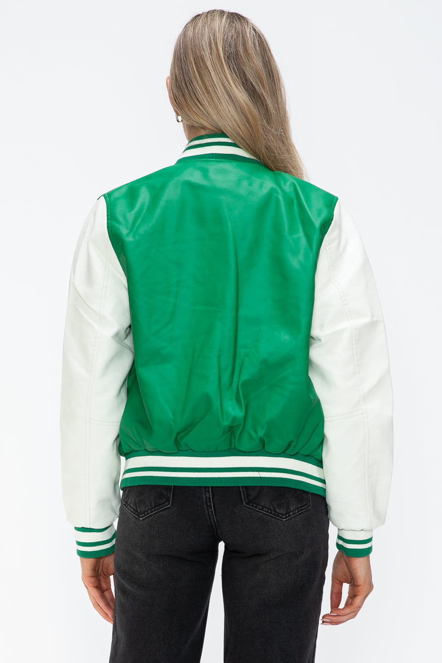 Love Me Now PU Leather Contrast Snap Down Bomber Jacket - TopFashionHQ