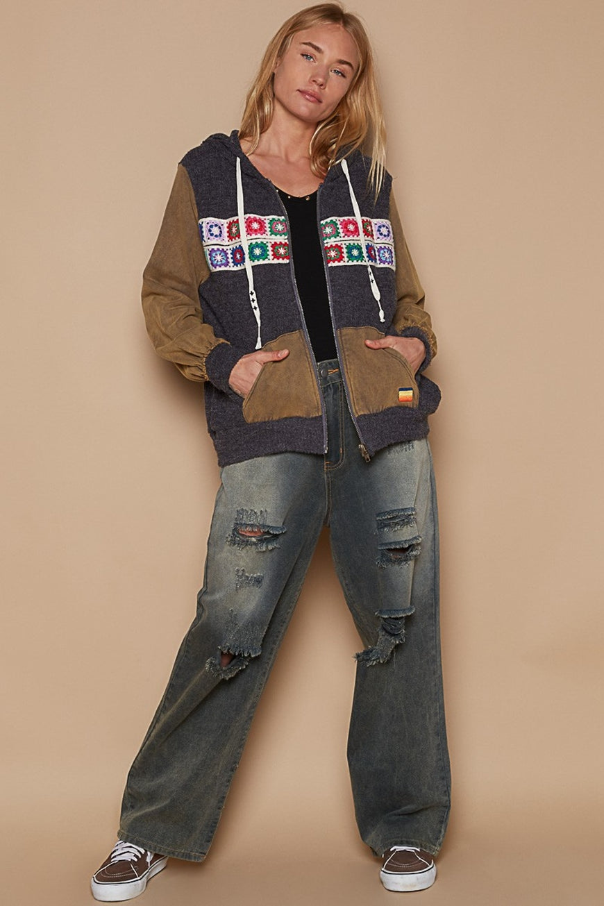 POL Contrast Square Patch Pattern Hooded Zipper Jacket - TopFashionHQ