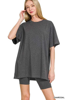 Zenana Cotton Round Neck Top & Biker Shorts