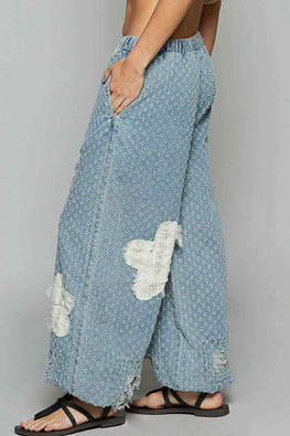 POL Floral Patch Washed Textured Twill Pants with Crochet See Thru Patch