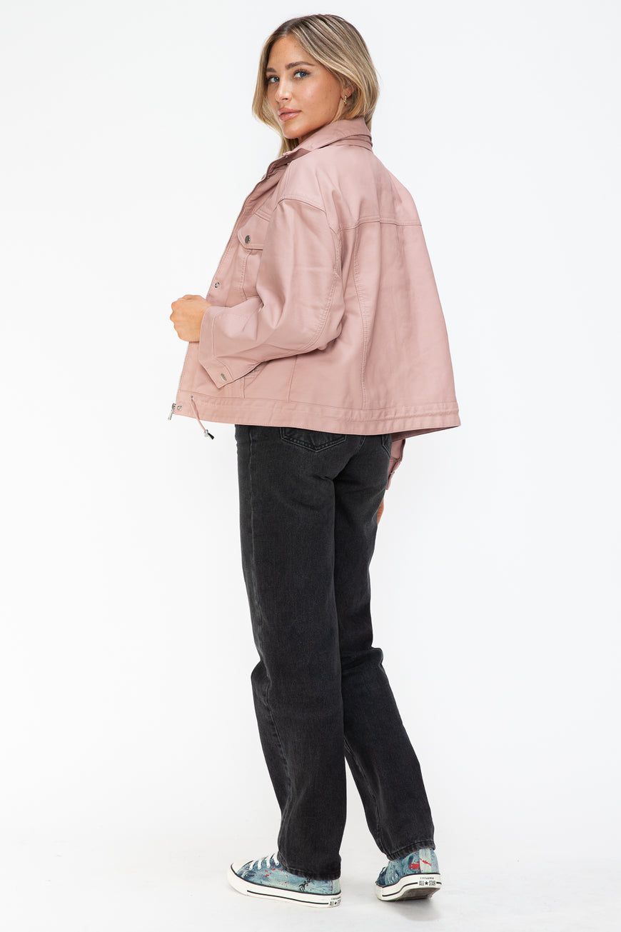 How Dare U Drawstring Hem PU Leather Zip Up Jacket - TopFashionHQ
