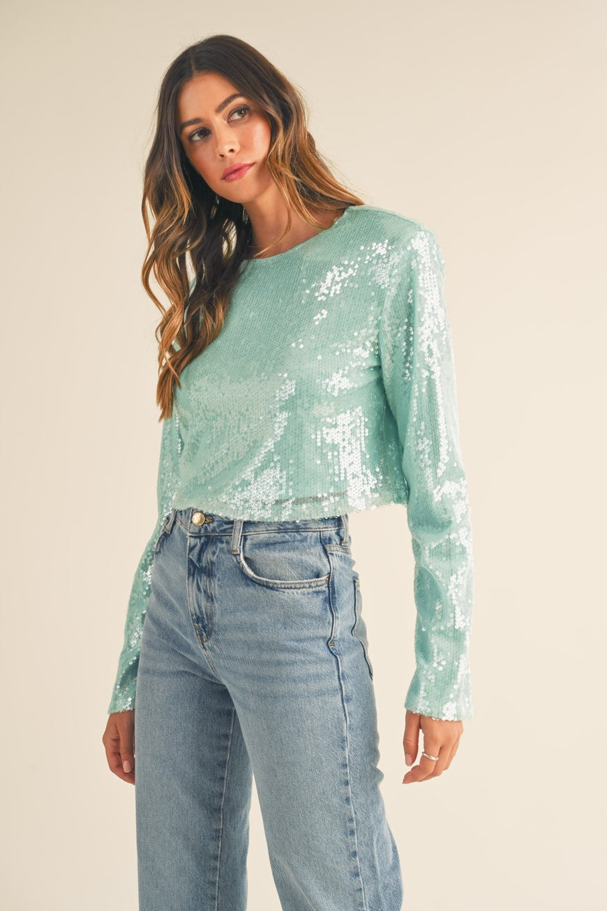 MABLE Shoulder Padded Sequin Crop Top - TopFashionHQ
