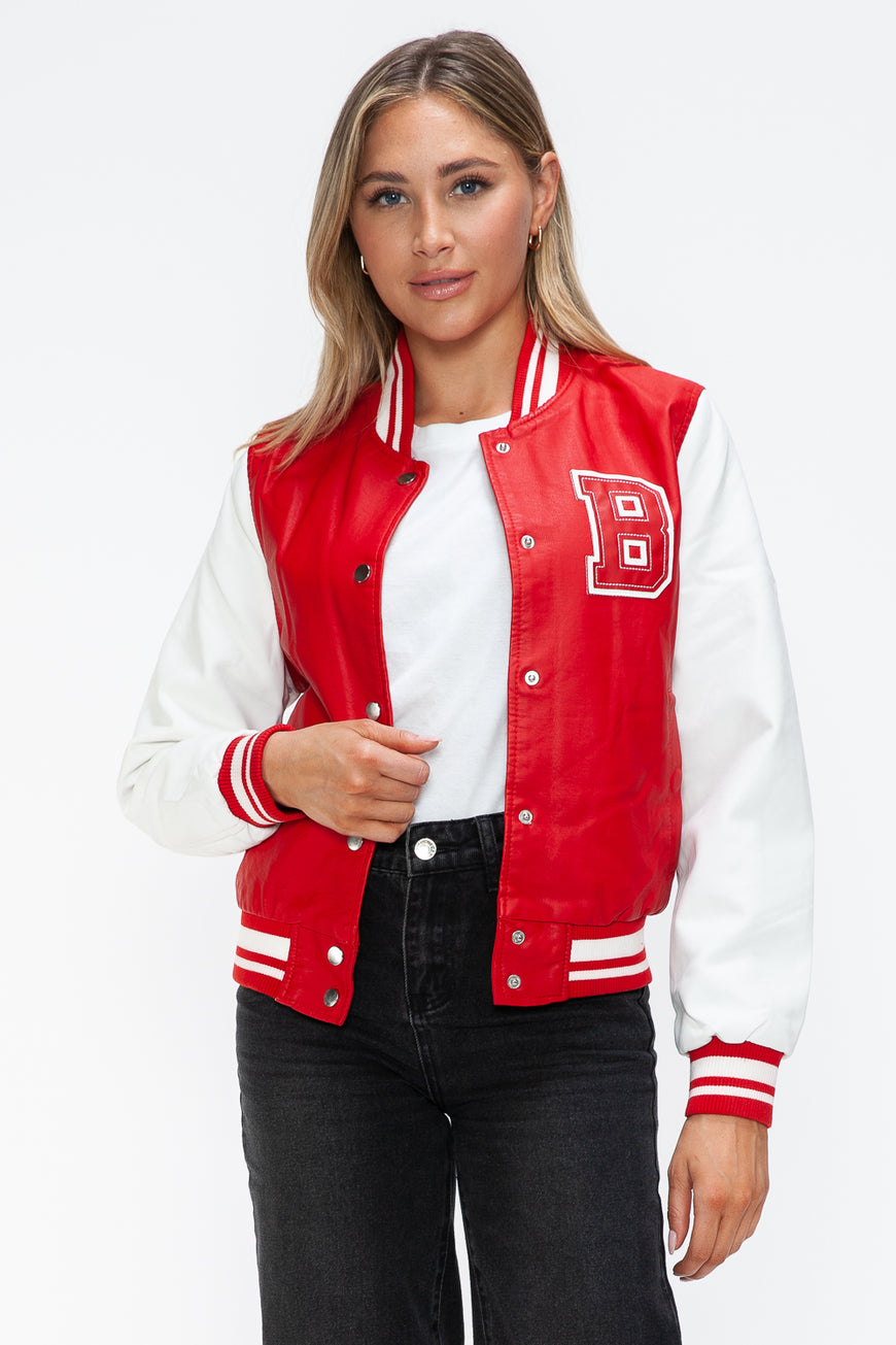 Love Me Now PU Leather Contrast Snap Down Bomber Jacket - TopFashionHQ