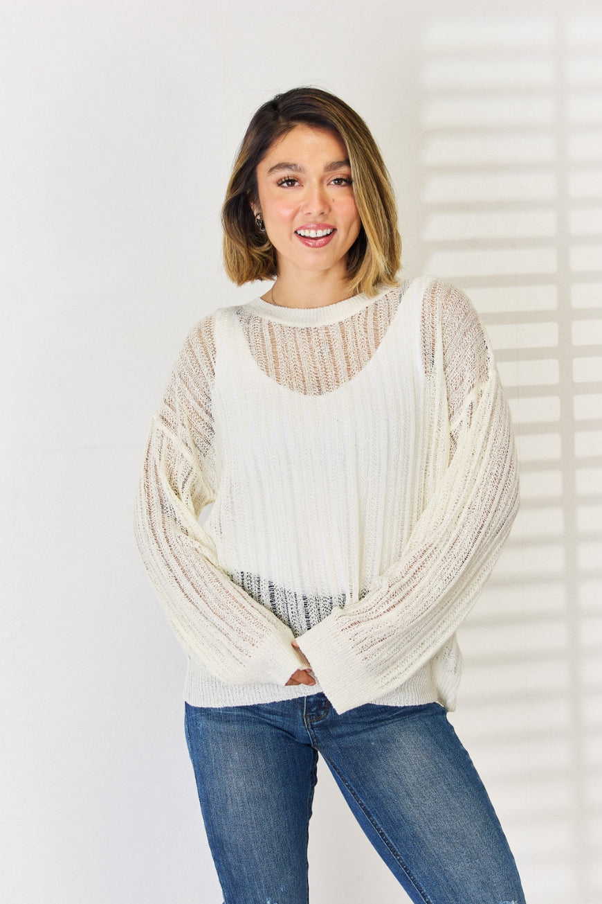 HYFVE Openwork Ribbed Trim Long Sleeve Knit Top - TopFashionHQ