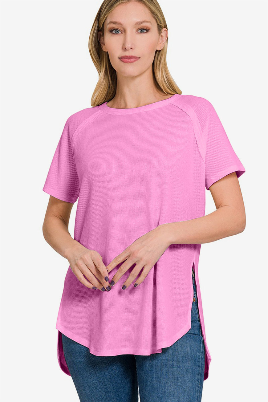 Zenana Slit Round Neck Short Sleeve Waffle Top - TopFashionHQ
