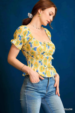 Umgee Floral Smocked Peplum Blouse