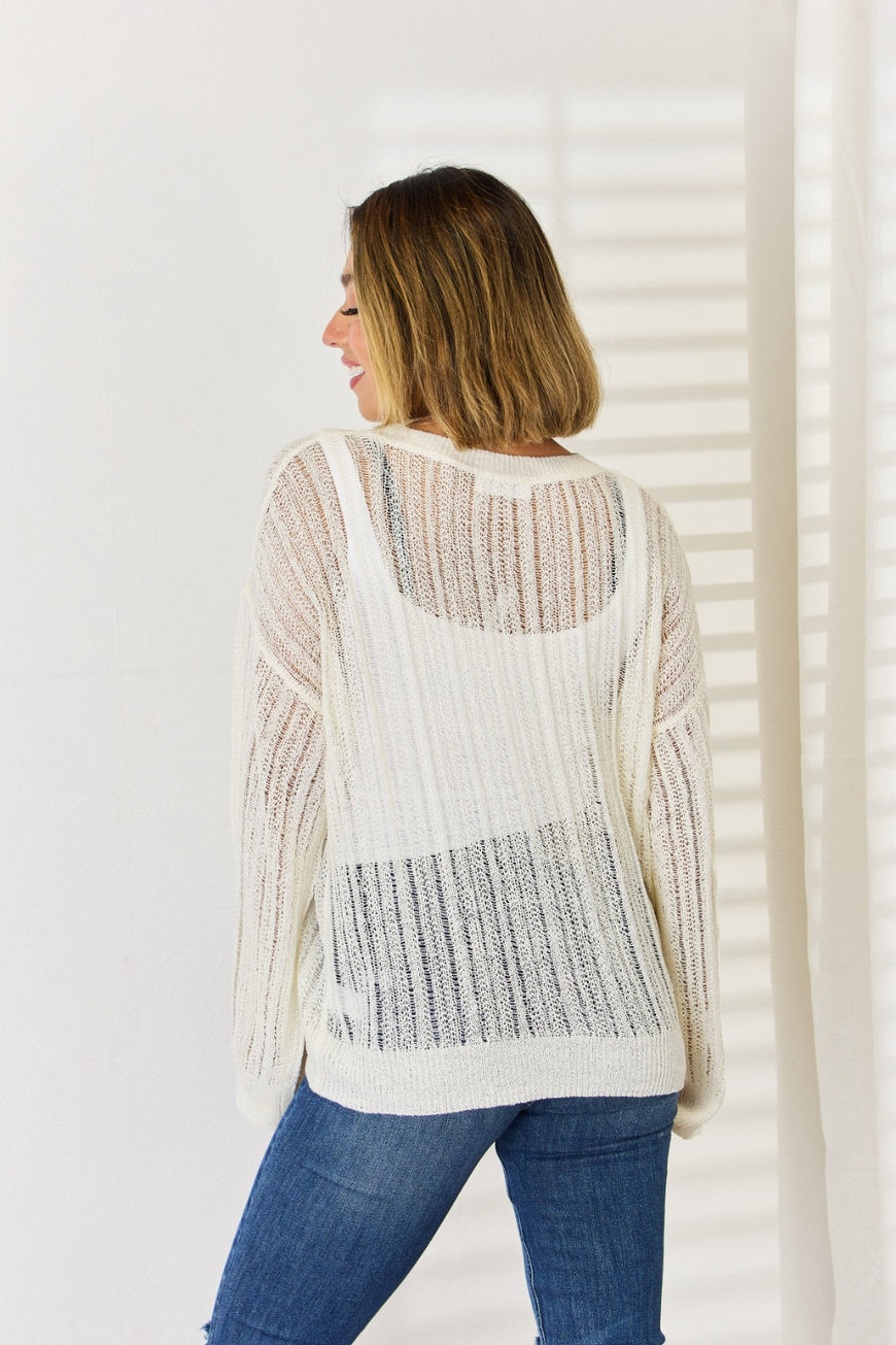 HYFVE Openwork Ribbed Trim Long Sleeve Knit Top - TopFashionHQ