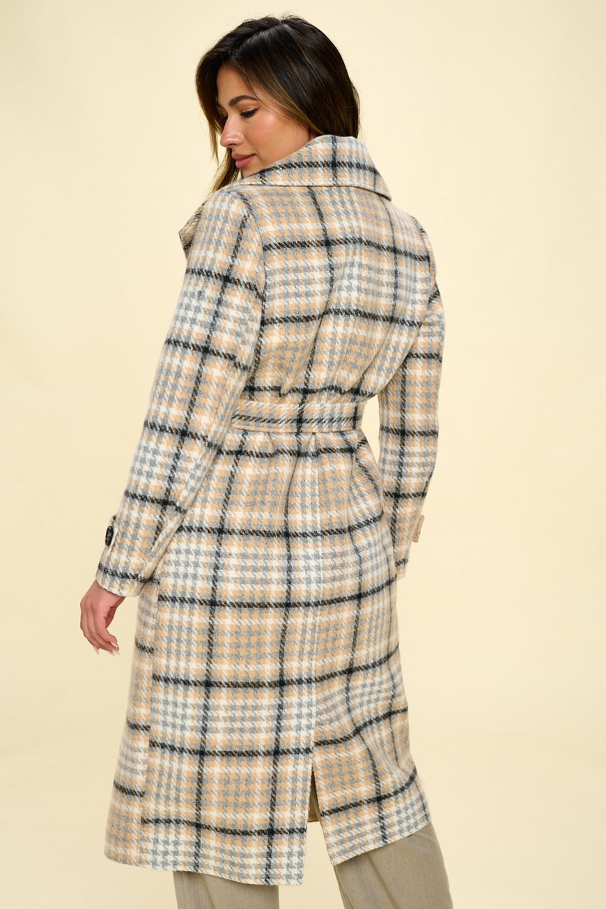 Coalition LA Double-Breasted Plaid Coat with Belt - TopFashionHQ
