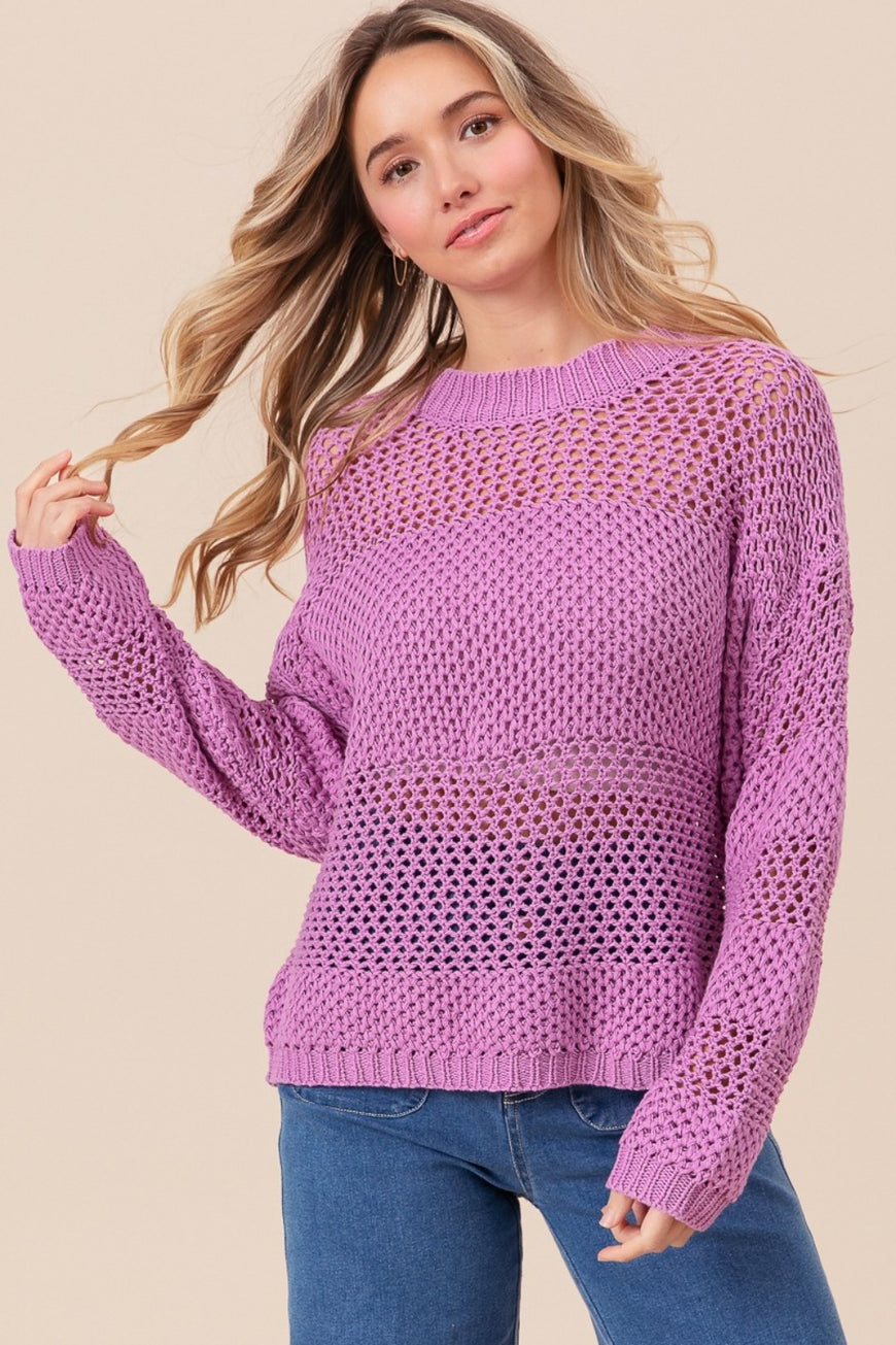 BiBi Openwork Long Sleeve Knit Top - TopFashionHQ