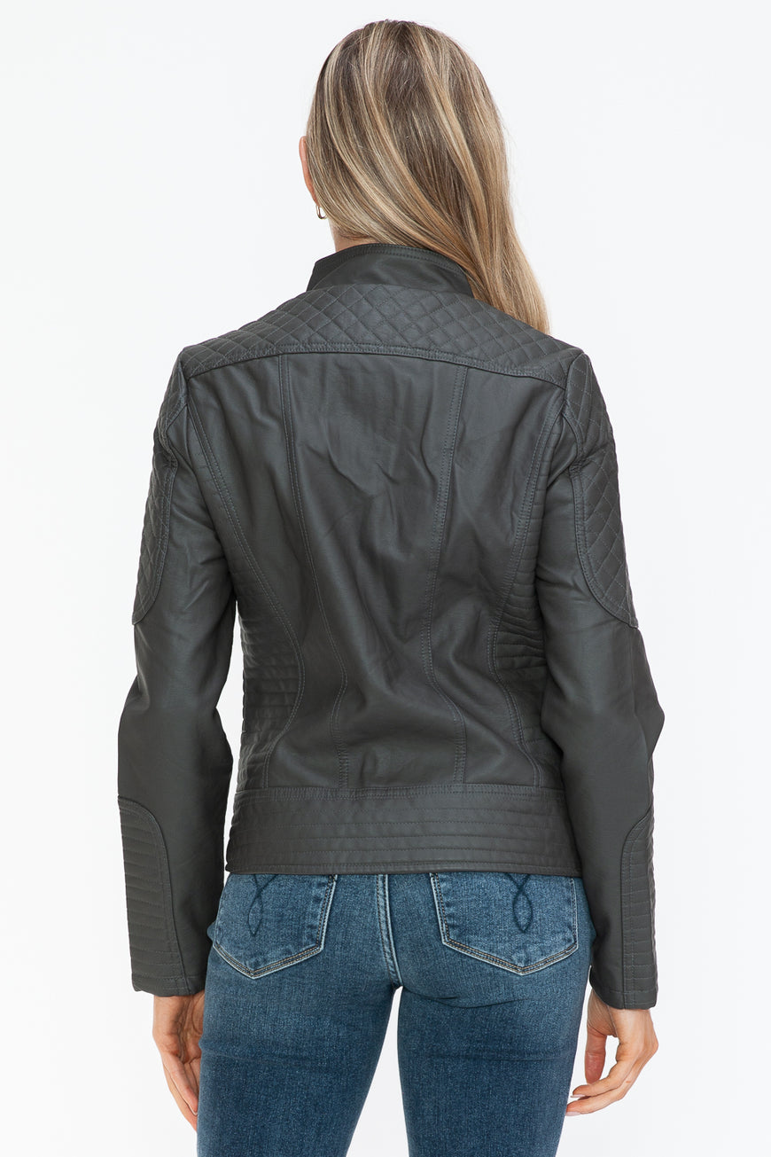 Snobbish Faux Leather Zip Up Mock Neck Jacket - TopFashionHQ