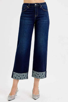 RISEN Full Size Mid Rise Fit Crop Wide With Printed Cuff Jeans Plus Size