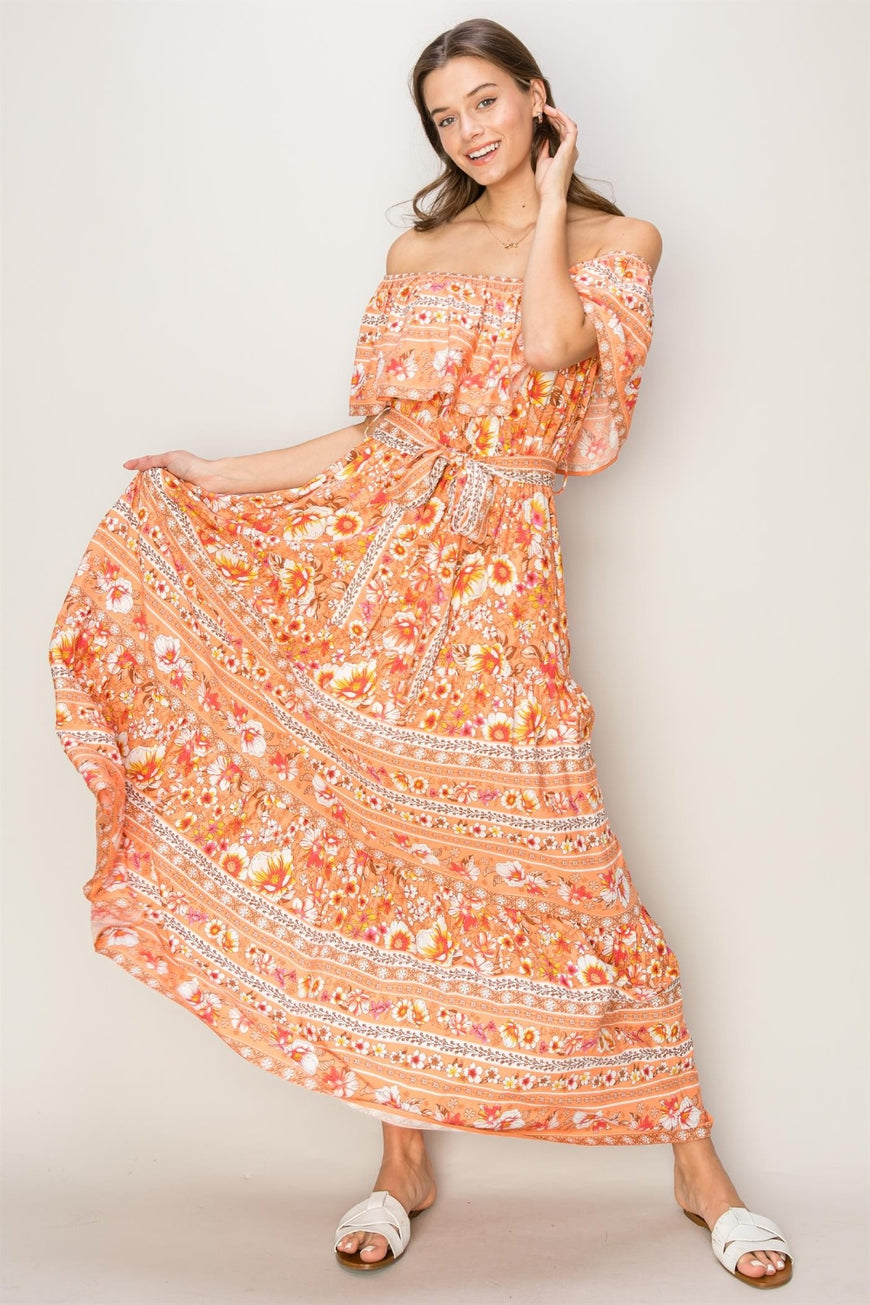 HYFVE Floral Off-Shoulder Tie Front Maxi Dress - TopFashionHQ
