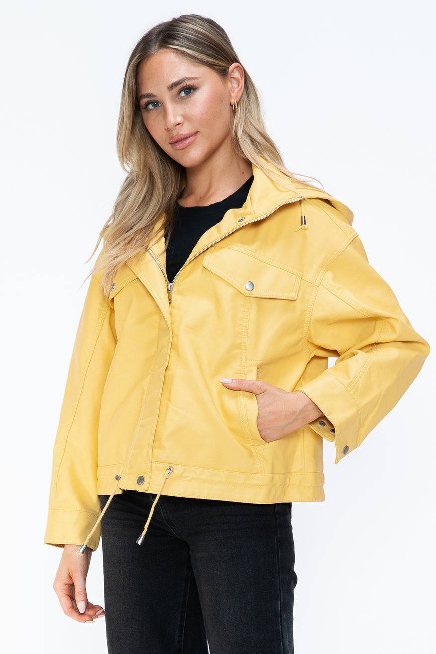 How Dare U Drawstring Hem PU Leather Zip Up Jacket - TopFashionHQ