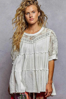 POL Lace Detail Tiered Round Neck Half Sleeve Blouse