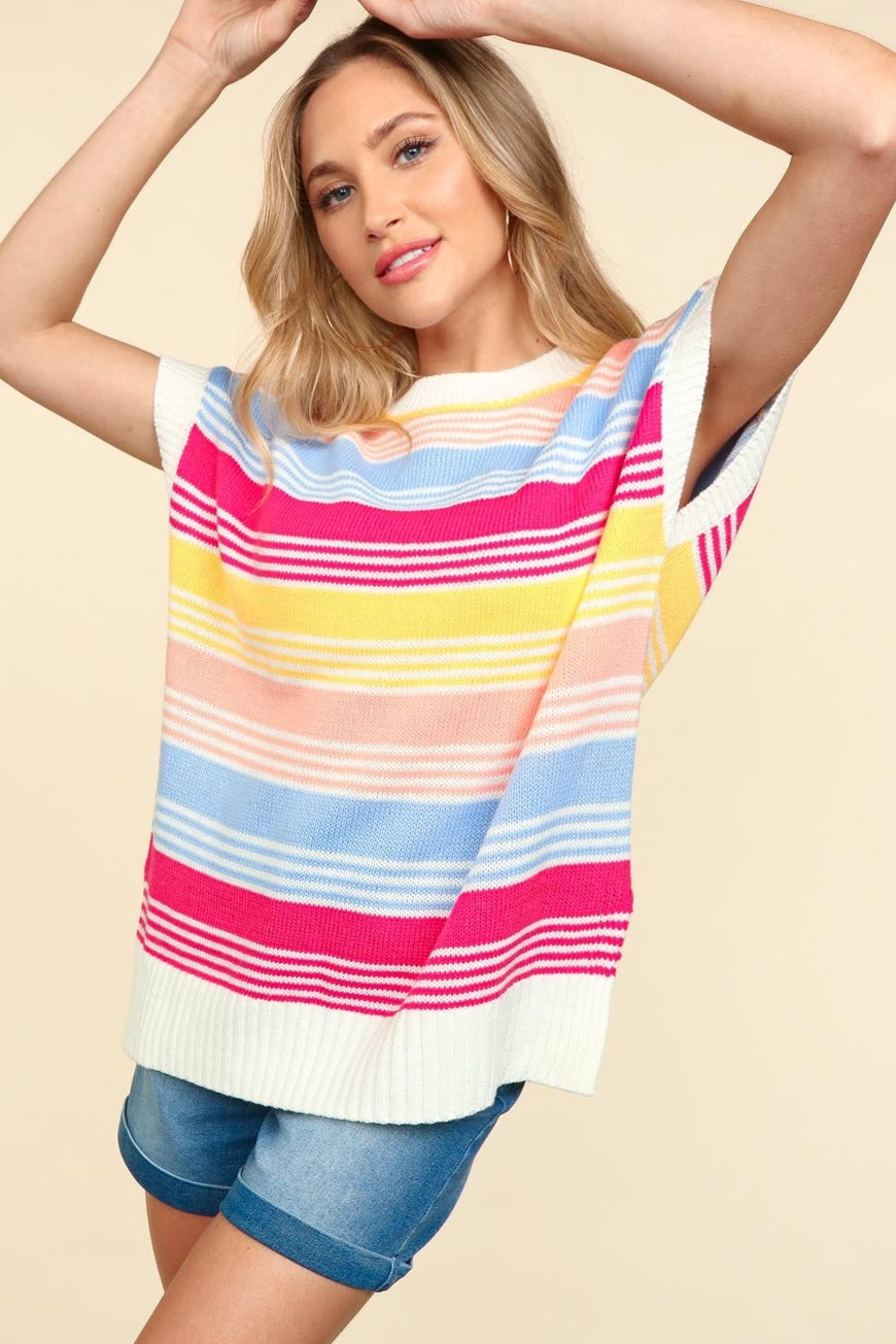 Haptics Striped Side Slit Short Sleeve Knit Top - TopFashionHQ