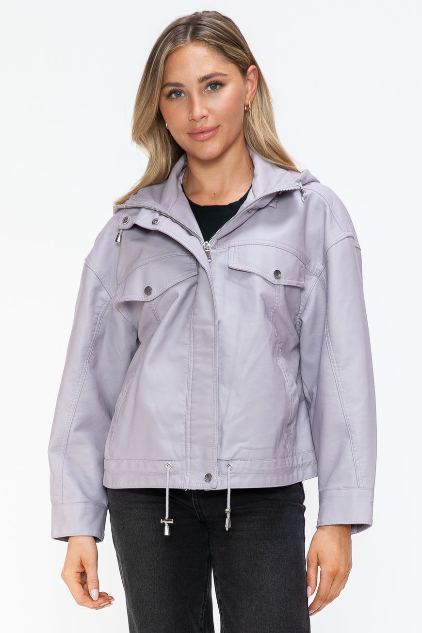 How Dare U Drawstring Hem PU Leather Zip Up Jacket - TopFashionHQ
