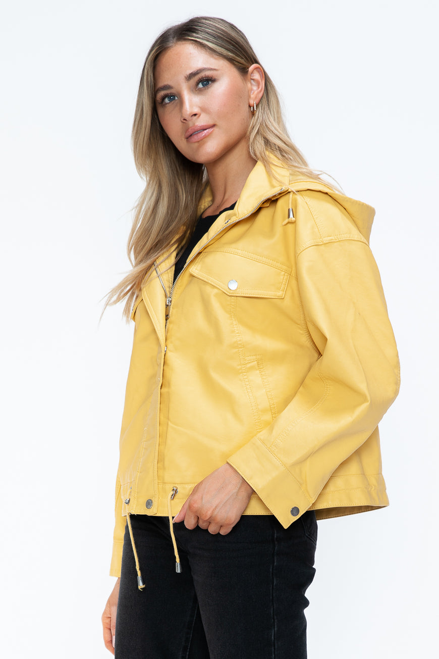 How Dare U Drawstring Hem PU Leather Zip Up Jacket - TopFashionHQ