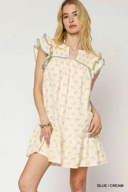Umgee Bow Print Ruffled Cap Sleeve Mini Dress