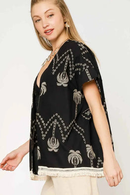 Umgee Open Front Embroidered Fringe Kimono