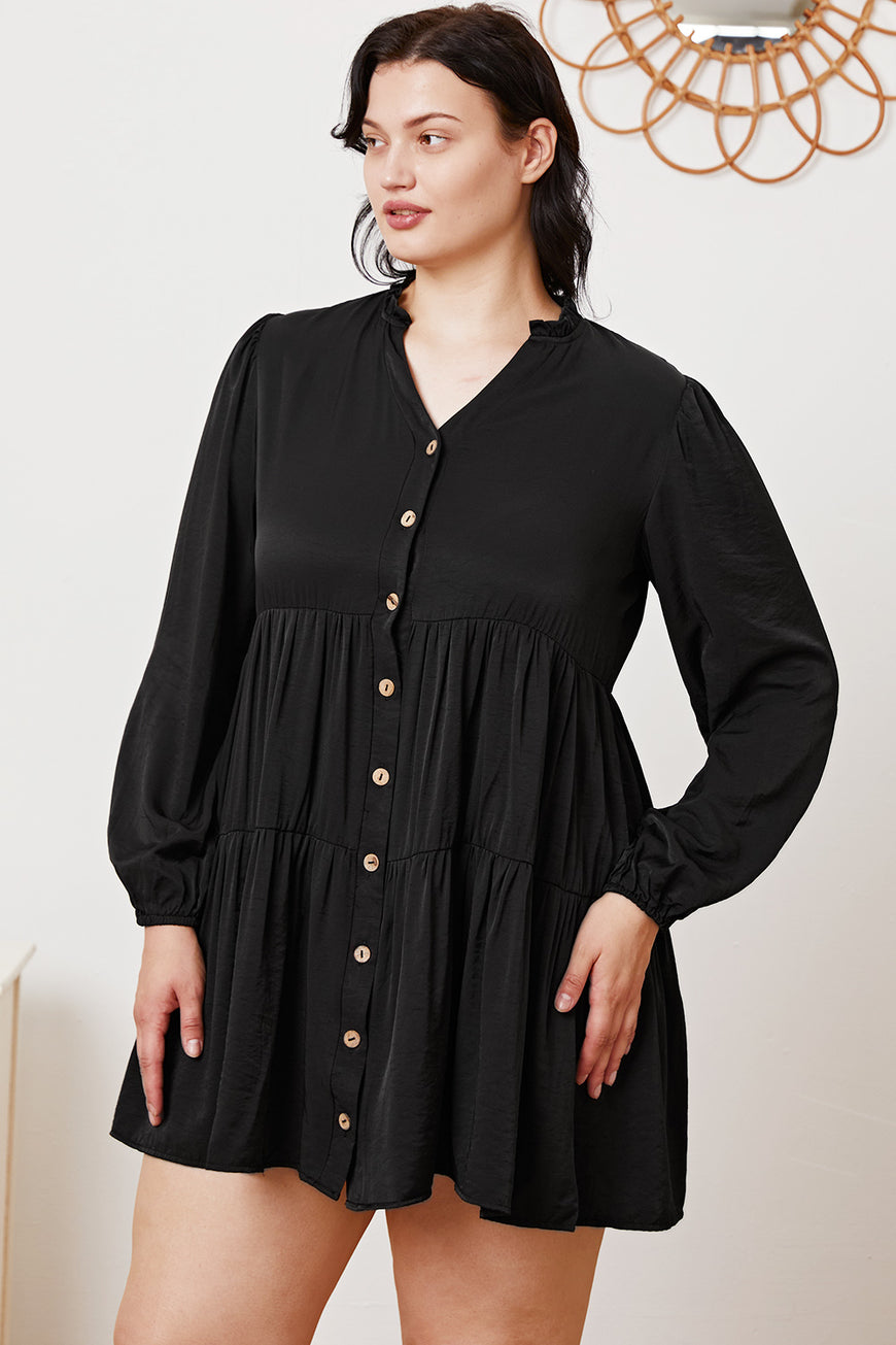 Ruffled Button Up Long Sleeve Tiered Shirt - TopFashionHQ