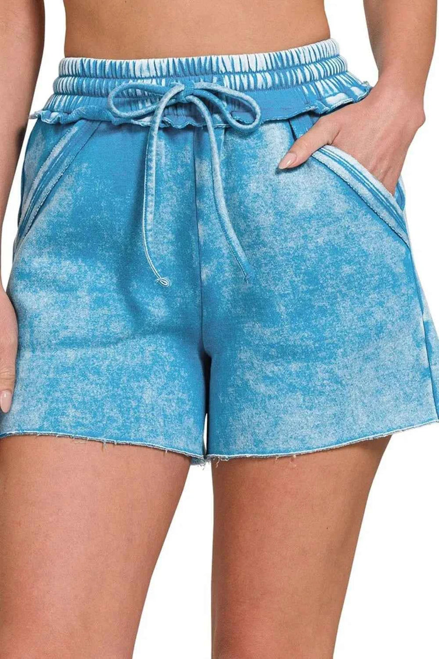Zenana Acid Wash Fleece Drawstring Shorts With Pockets