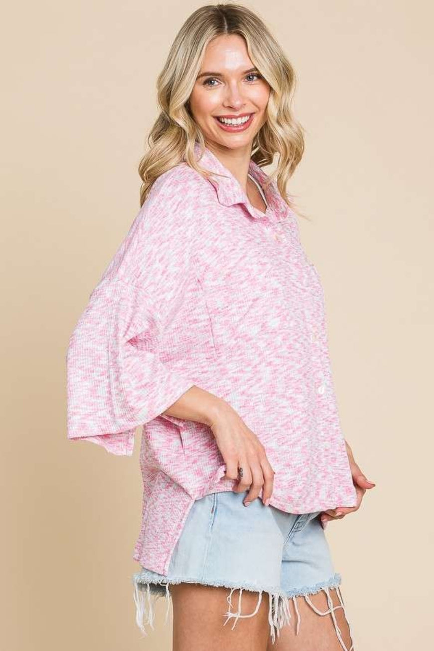 Culture Code Button Up Drop Shoulder Slit Shirt - TopFashionHQ