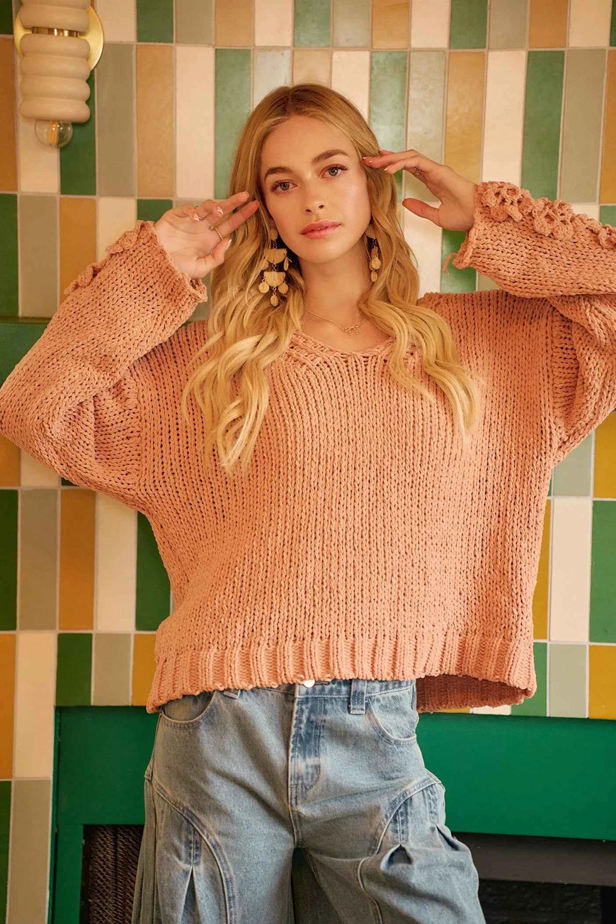 BiBi Chunky Knit Sweater with Flower Detail Sleeves