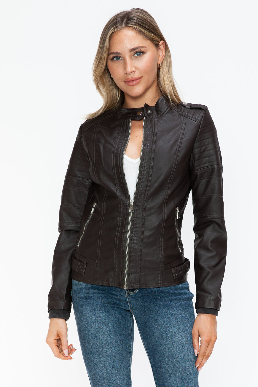 Snobbish PU Leather Biker Jacket with Side Zip Pockets - TopFashionHQ