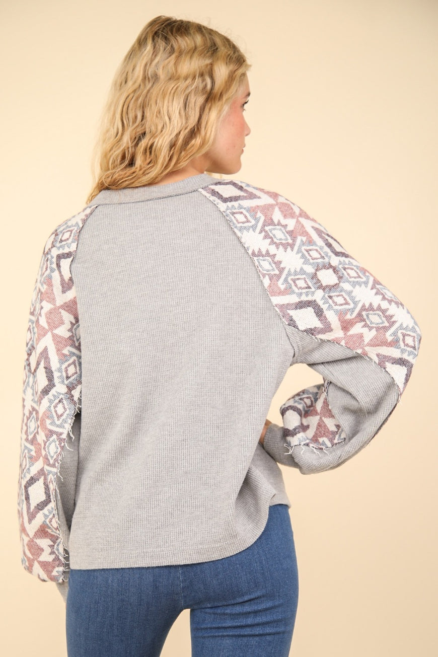 VERY J Printed Long Sleeve Round Neck Knit Top - TopFashionHQ