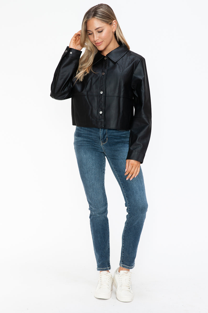 Snobbish Snap Down Long Sleeve PU Leather Jacket - TopFashionHQ